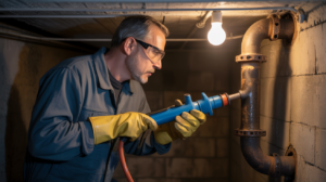 a plumber using rooter device