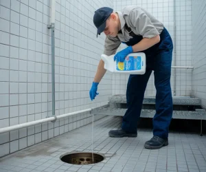 Illustration of what is the best liquid drain cleaner being poured into a sink to resolve a clog effectively.